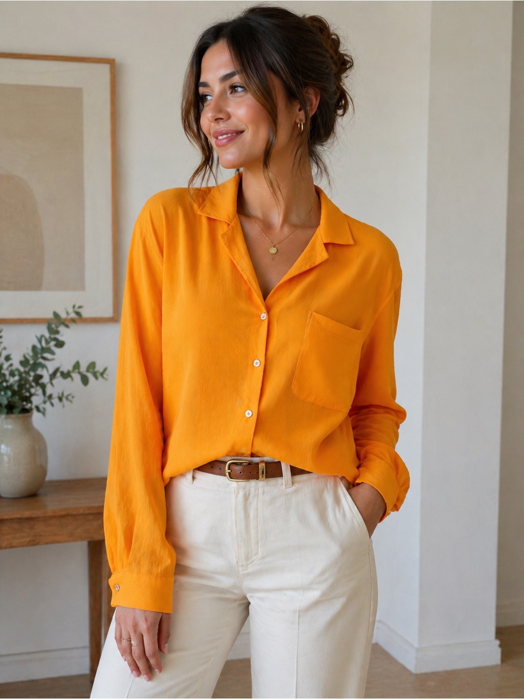 Wilfred Orange Button-Up Blouse Size L Lightweight Draped Spring Summer Top